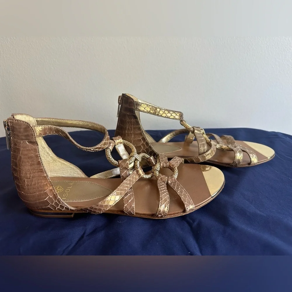 Isola Gold and Tan Leather Sandals Size 8 resort wear vacation summer